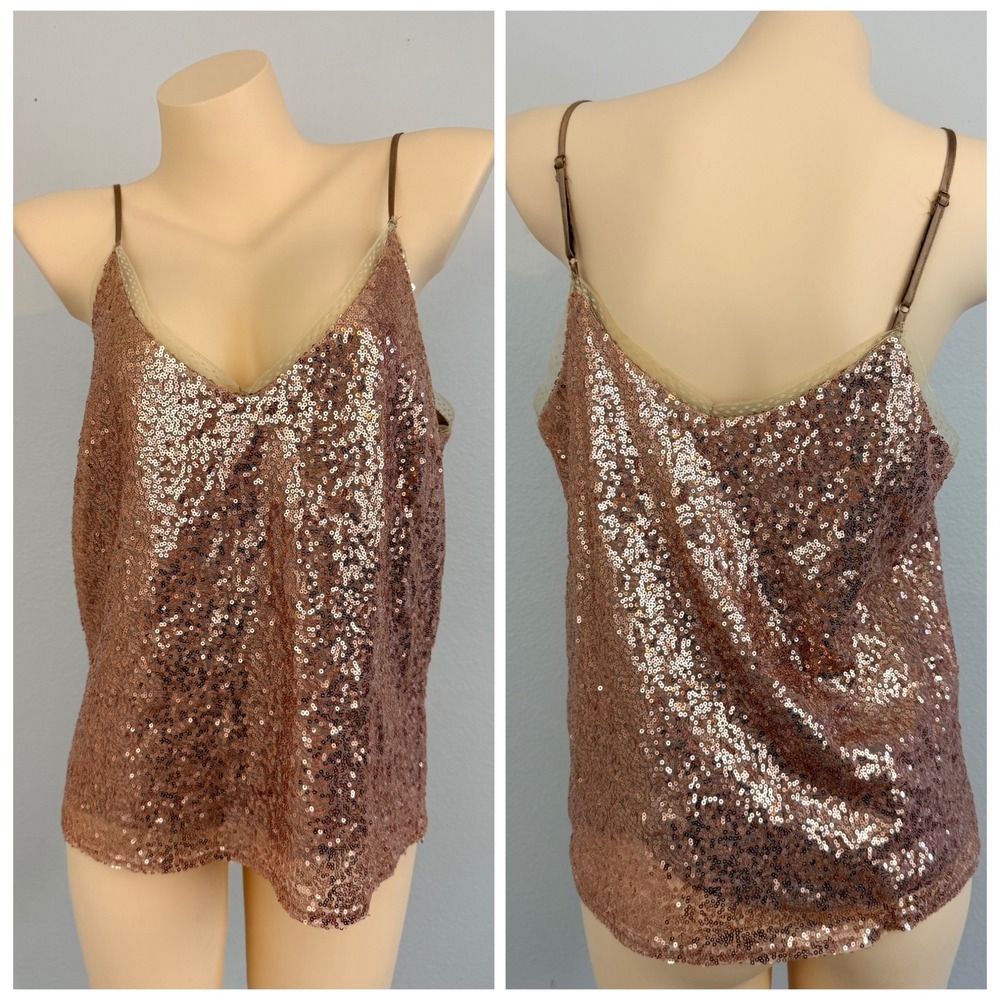 Party Glam Sequin Camisole Top Rose Gold Lace Trim Deep V-Neck Sz L Heartloom